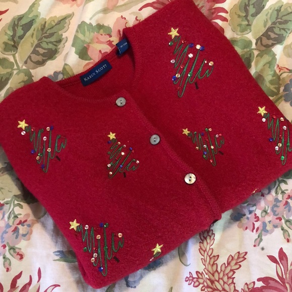 Vtg KAREN SCOTT sz Medium  100% Wool Christmas Tree Festive Embroidered HongKong - Picture 13 of 16